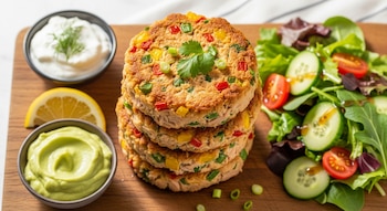 Cuatro tortitas de atún apiladas con pimientos y cebollino, acompañadas de una ensalada verde con pepino y tomate, aderezos y limón en tabla de madera.