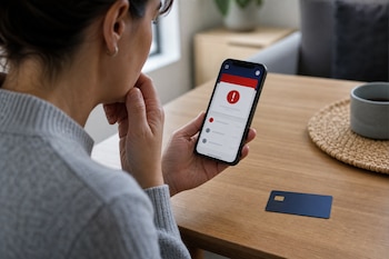 Una persona sostiene un teléfono móvil con una alerta roja en la pantalla frente a una tarjeta bancaria situada sobre una mesa.