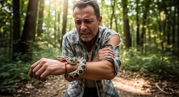 Un hombre con camisa a cuadros y un brazo ensangrentado donde una serpiente se enrosca, en un bosque con luz del sol.