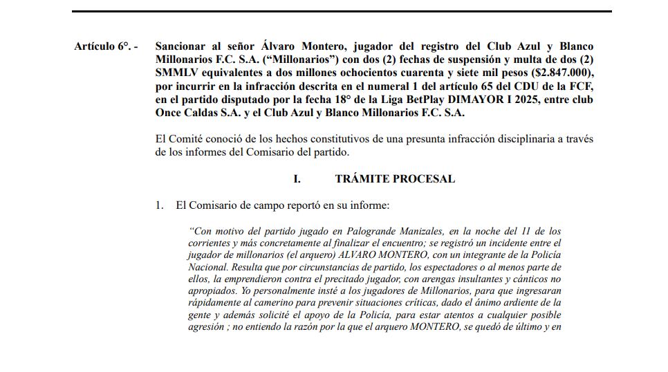 El ente deportivo dio a conocer la sanción que recibió el portero de Millonarios tras sus polémicos gestos con la hinchada del Once Caldas-crédito Dimayor