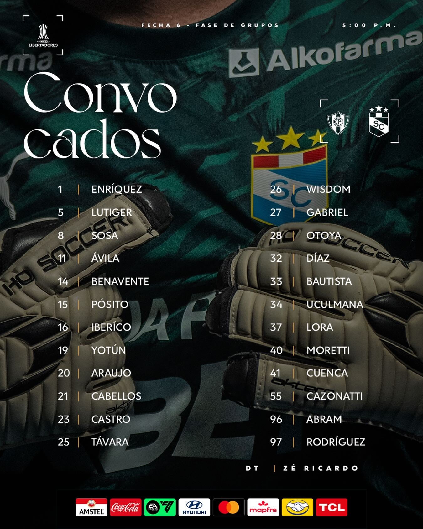 Lista da equipe do Sporting Cristal que enfrentará o Cerro Porteño em Assunção. - crédito: Sporting Cristal