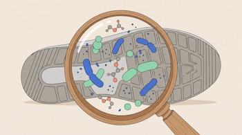 Suela de zapatilla gris bajo una lupa de madera que amplía la imagen con ilustraciones de bacterias de colores y estructuras moleculares.