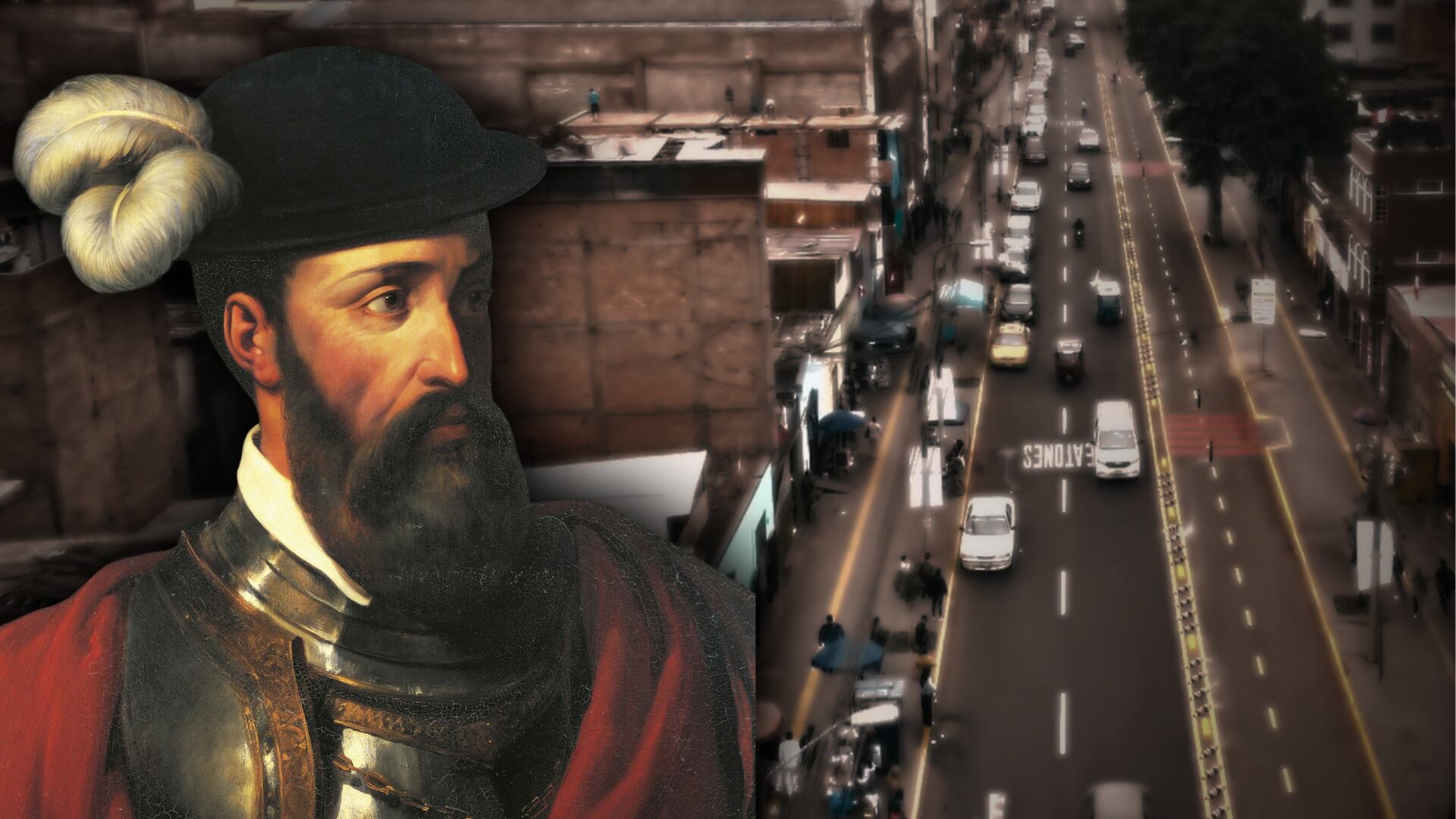 El retrato de Francisco Pizarro se superpone a una vista aérea de la avenida en el distrito de Rímac, Lima, antes llamada Malambo. (Composición: Infobae Perú)