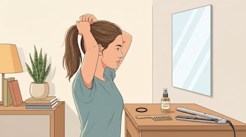 Ilustración digital de una joven de medio perfil recogiendo su cabello frente a un espejo, con productos capilares, una planta y libros en una habitación luminosa.