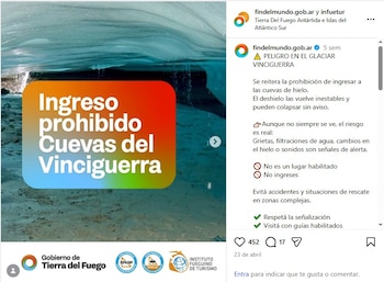 Captura de pantalla de una publicación de Instagram. Muestra una cueva de hielo y un cartel naranja con el texto 'Ingreso prohibido Cuevas del Vinciguerra'