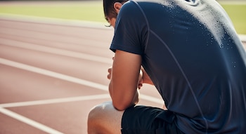Hombre joven de espalda con camiseta azul oscura y pantalones cortos negros, cubierto de sudor, sentado en una pista de atletismo con líneas blancas.