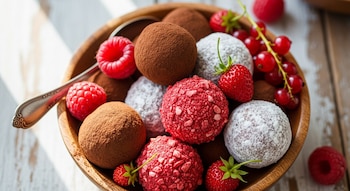 Cuenco de madera con trufas de chocolate con coberturas de cacao, azúcar glas y frutos rojos deshidratados, junto a frambuesas, fresas y grosellas rojas.