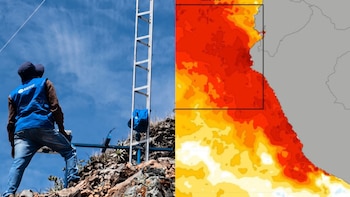 Un trabajador de espaldas junto a una estructura metálica en un cerro rocoso, junto a un mapa térmico de la costa del océano Pacífico