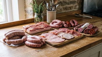 Salchichas crudas, tiras de tocino, jamón cortado, mortadela y embutidos curados sobre tablas de madera en una encimera de cocina.