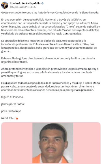 De la Espriella reportó siete integrantes de las ACSN muertos, tres capturados y la incautación de armas durante el operativo. - crédito @ABDELAESPRIELLA/X