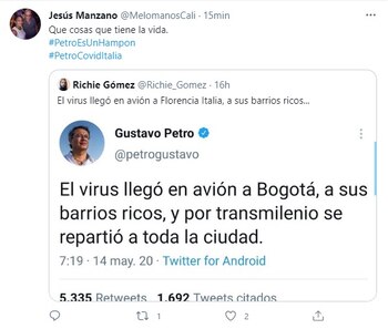 Criticas al senador Gustavo Petro por su contagio de covid-19