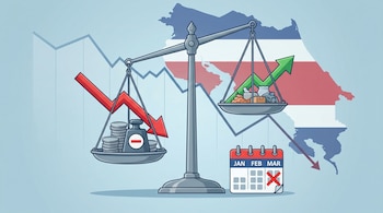 Ilustración de balanza comercial desequilibrada con mapa de Costa Rica de fondo. Un plato con dinero y signo negativo baja, otro con bienes sube. Calendario trimestral.