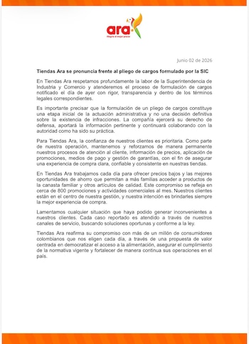 Tiendas Ara responde que el pliego de cargos es solo una etapa inicial y garantiza colaboración total con la autoridad - crédito Tiendas Ara