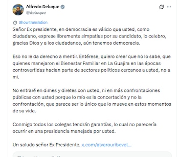 Mensaje de Alfredo Deluque a Álvaro Uribe Vélez - crédito @deluque/X