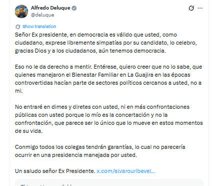 Mensaje de Alfredo Deluque a Álvaro Uribe Vélez - crédito @deluque/X