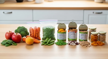Mesa de madera con frutas y verduras: manzanas, brócoli, espinaca, zanahorias, durazno, arvejas, porotos, lentejas y garbanzos en formatos fresco, congelado, enlatado y seco.
