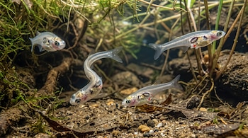 Cuatro peces transparentes de cuerpo alargado nadan cerca del fondo cubierto de raíces, plantas y sedimento.