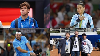 Mosaico de cuatro imágenes con Franco Colapinto, Paula Pareto con medalla, Juan Martín del Potro en la pista y tres personas en un evento.