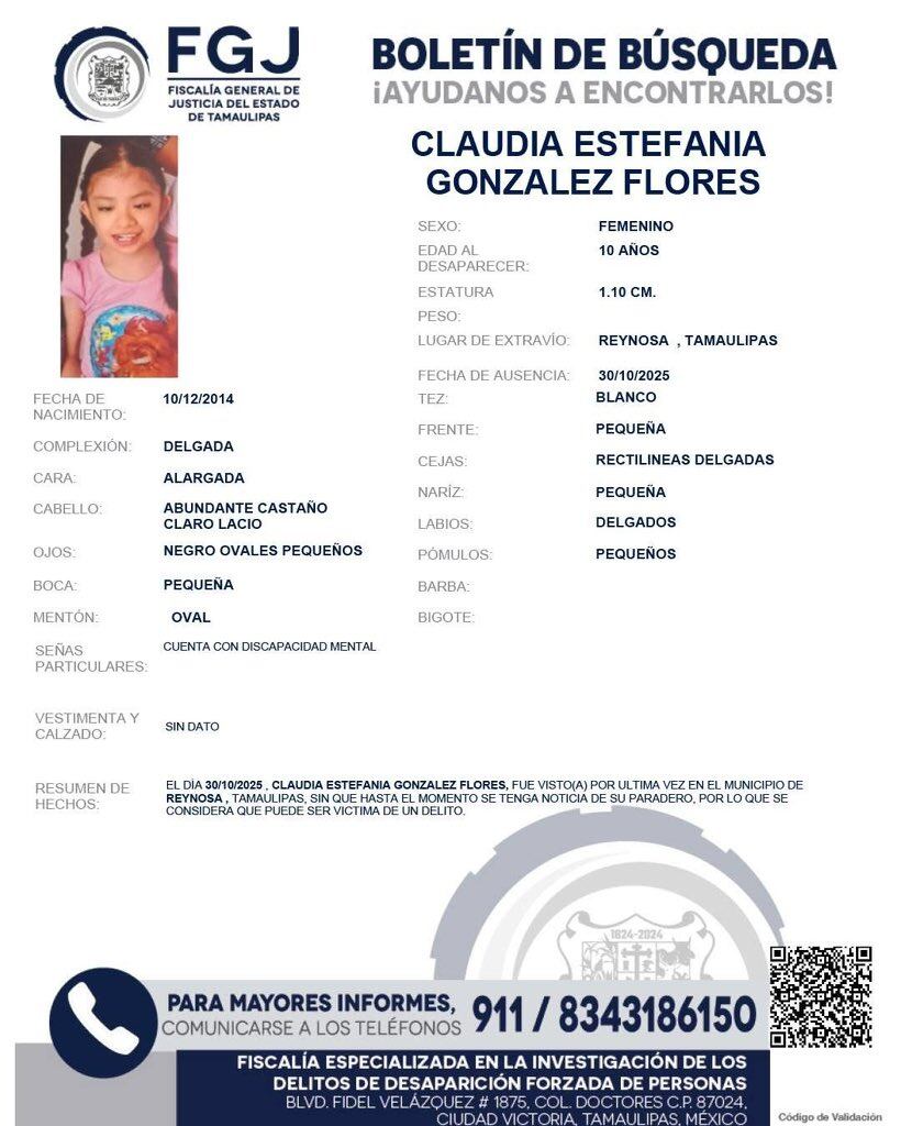 La menor de 10 años seguiría sin localizar, según el comunicado. (FGE Tamaulipas)