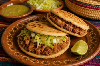 Dos gorditas rellenas de chicharrón sobre un plato de barro con un trozo de limón, acompañadas de salsa verde y lechuga picada.