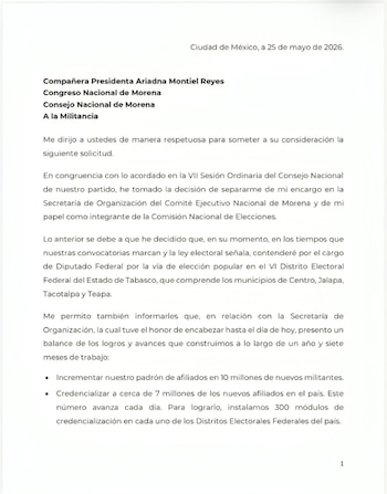 La carta de Andrés Manuel López Beltrán marca su salida de la dirigencia nacional de Morena para buscar una diputación federal en Tabasco.