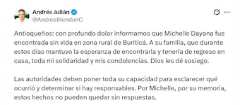 El gobernador de Antioquia, Andrés Julián Rendón, confirmó el hallazgo y expresó sus condolencias a la familia de la niña - crédito @AndresJRendonC/X