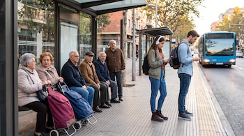 Parada de autobús con dos mujeres y tres hombres mayores sentados, dos jóvenes de pie con teléfonos, y un autobús azul acercándose por la calle.