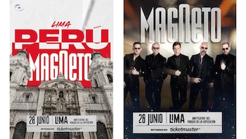 Dos afiches de concierto. Uno con una fachada de iglesia colonial y texto 'Magneto Lima Perú', el otro con los cinco integrantes del grupo Magneto. Incluyen fecha, lugar y Ticketmaster