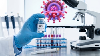 Primer plano de una mano enguantada azul sosteniendo un vial etiquetado 'HIV Vaccine'. Al fondo desenfocado, equipo de laboratorio y una pantalla con el virus VIH.