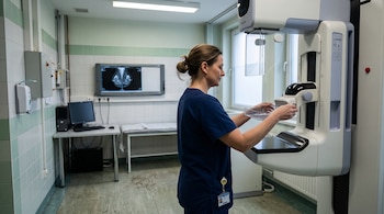 Una profesional con uniforme azul manipula un mamógrafo en una sala médica con un monitor que exhibe una radiografía y una camilla.
