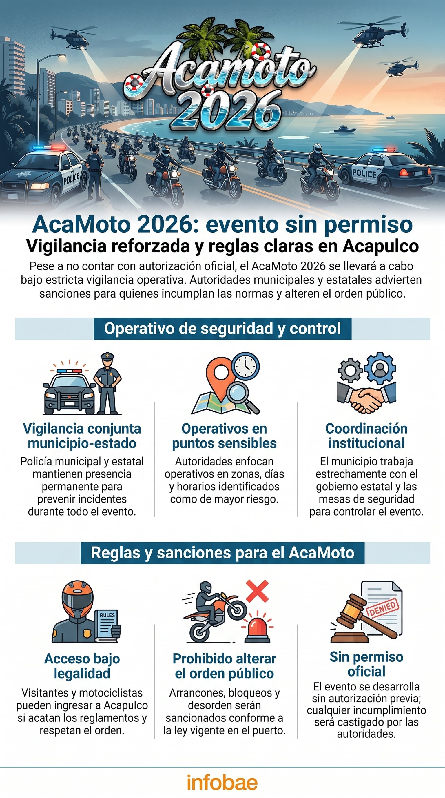 Las autoridades municipales y estatales refuerzan la vigilancia y establecen reglas claras para el AcaMoto 2026 en Acapulco, buscando prevenir desórdenes y garantizar la seguridad pública. (Imagen Ilustrativa Infobae)