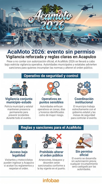 Ilustración de patrullas y agentes de policía supervisando una multitud de motociclistas en una avenida costera de Acapulco, con helicópteros en el cielo.