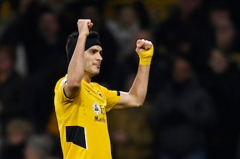 Soccer Football - Premier League - Wolverhampton Wanderers v Watford - Molineux Stadium, Wolverhampton, Britain - March 10, 2022 Wolverhampton Wanderers' Raul Jimenez celebrates scoring their first goal REUTERS/Tony Obrien EDITORIAL USE ONLY. No use with unauthorized audio, video, data, fixture lists, club/league logos or 'live' services. Online in-match use limited to 75 images, no video emulation. No use in betting, games or single club /league/player publications. Please contact your account representative for further details.