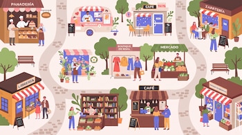 Calles empedradas, árboles, bancos, panadería, heladería, cafetería, dos zapaterías, boutique de ropa, mercado, librería, tienda de regalos, personas comprando y vendiendo.