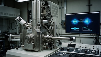 Un microscopio electrónico de metal gris junto a un monitor que despliega gráficos científicos de color azul sobre un fondo negro