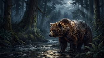 Ilustración de un oso pardo de pie en un río dentro de un bosque oscuro rodeado de grandes árboles y con luna en el cielo.
