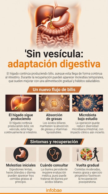 Infografía con una ilustración del sistema digestivo humano y seis recuadros explicativos sobre la función hepática y la recuperación.
