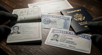 Primer plano de manos enguantadas sobre una mesa de madera, manipulando un pasaporte, una tarjeta de seguro social y una licencia de conducir.