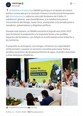 La Ungrd presentó la hoja de ruta 2026-2027 para fortalecer la preparación y la respuesta frente a los posibles impactos del fenómeno de El Niño en Colombia - crédito @UNGRD/X