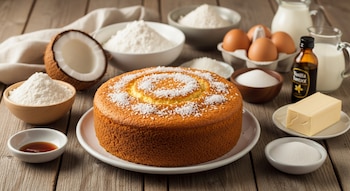Un bizcochuelo de coco con ralladura, junto a coco partido, harina, huevos, leche, azúcar, mantequilla y vainilla. Todo sobre una mesa de madera.