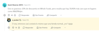Captura de pantalla de un sitio web que contiene dos comentarios de texto en español con nombres de usuario y botones de interacción