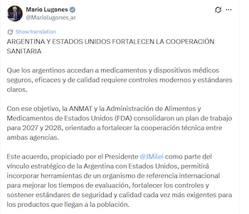 Captura de pantalla de un tuit de Mario Lugones. El texto anuncia que Argentina y Estados Unidos fortalecen la cooperación sanitaria con ANMAT y FDA