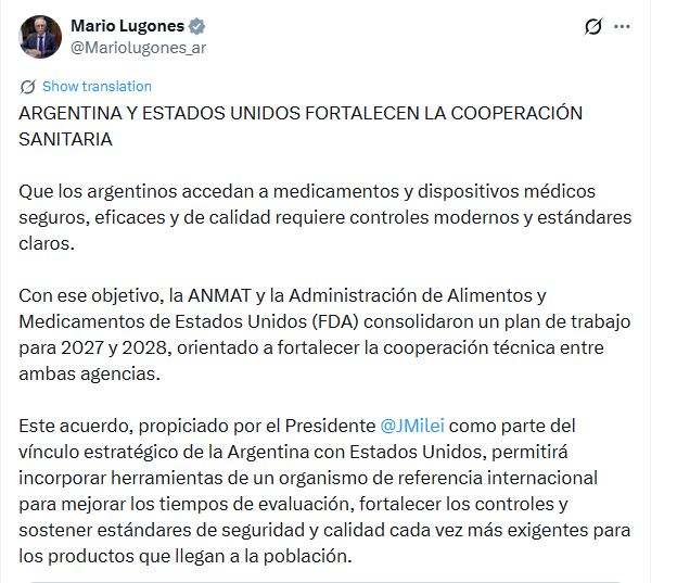 Mario Lugones dio detalles del encuentro con autoridades de la ANMAT y la FDA