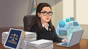 Caricatura de jueza Lizbeth González Cortés en toga y lentes, sentada frente a escritorio. Hay expedientes con logo del Poder Judicial y laptop con iconos de IA.