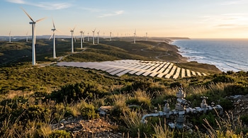Aerogeneradores y paneles solares sobre colinas junto al mar, con válvulas y tuberías metálicas en primer plano.