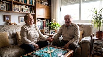 Dos adultos mayores, un hombre y una mujer, sentados en sofás color crema, riendo a carcajadas y tomados de la mano, con un juego de Scrabble en la mesa.