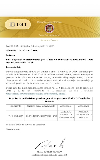 La Corte Constitucional aún no se ha pronunciado sobre el fondo del caso en el oficio del 18 de agosto de 2026; el documento únicamente informa que la tutela fue seleccionada para revisión y que el expediente fue repartido a la Sala Sexta de Revisión - crédito Corte Constitucional