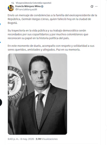 La vicepresidenta Francia Márquez Mina lamentó la muerte de Germán Vargas - crédito @FranciaMarquezM/X