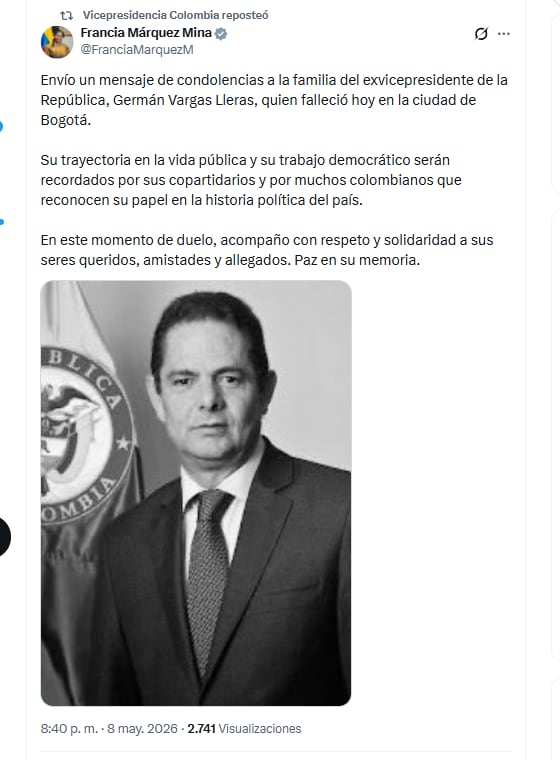 La vicepresidenta Francia Márquez Mina lamentó la muerte de Germán Vargas - crédito @FranciaMarquezM/X