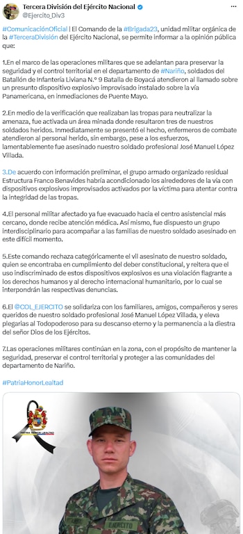 Murió un soldado y dos militares resultaron heridos por explosión en la vía Panamericana de Nariño - crédito @Ejercito_Div3/X
